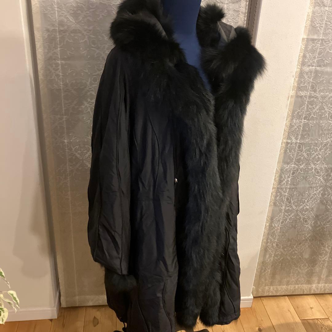 美品　総シルク&フォックスファー　リバーシブル　フード付きロングコート　高級感