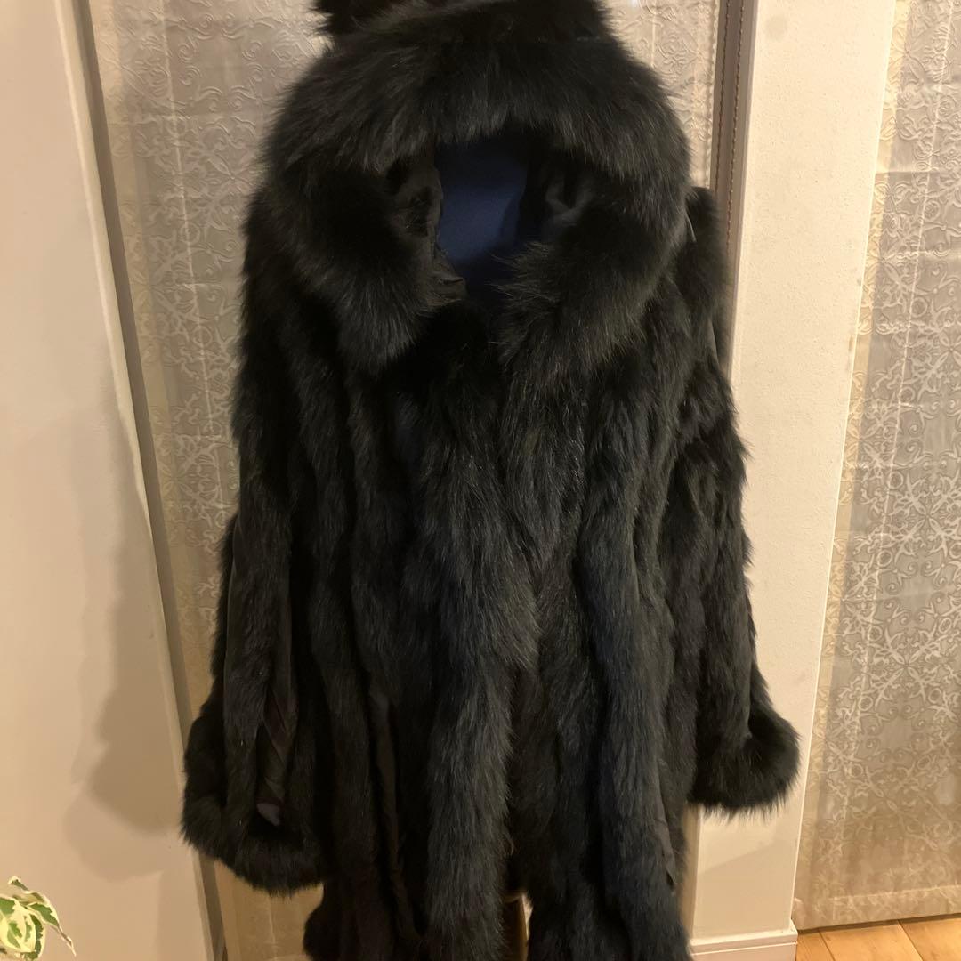 美品　総シルク&フォックスファー　リバーシブル　フード付きロングコート　高級感