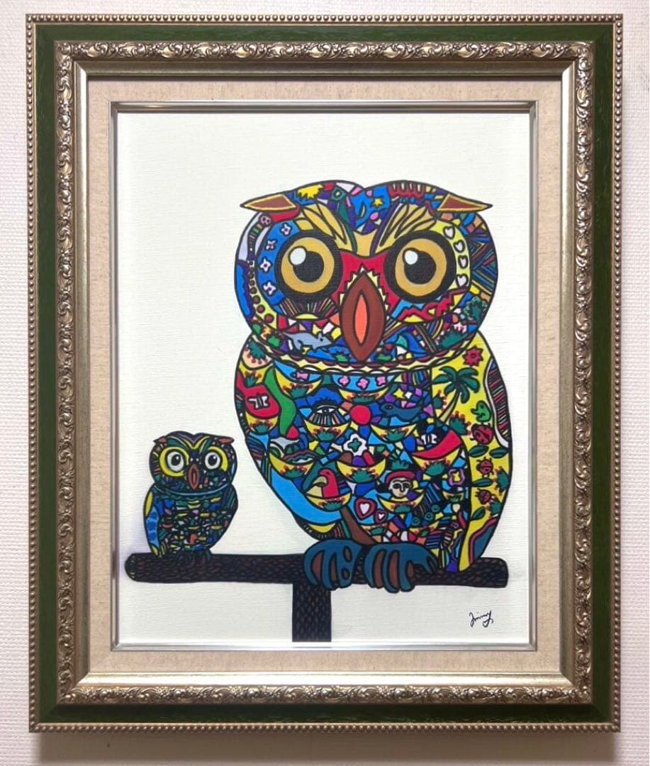 【F6号】ジミー大西（ふくろうの親子）手描き/表裏サイン有/油彩/アクリル/絵画