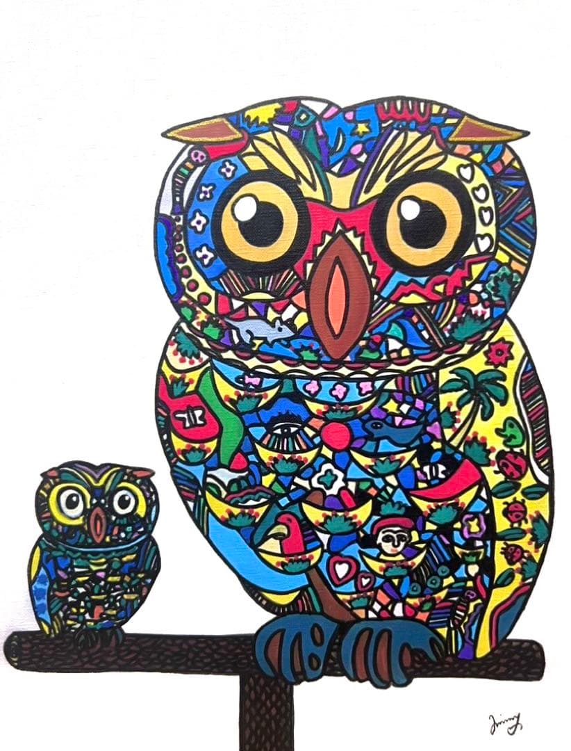 【F6号】ジミー大西（ふくろうの親子）手描き/表裏サイン有/油彩/アクリル/絵画