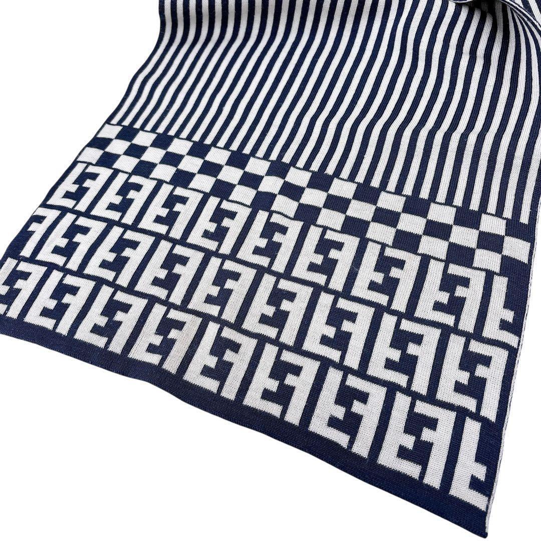 FENDIフェンディ ズッカ柄 ウール マフラー イタリア製 ネイビー 男女兼用