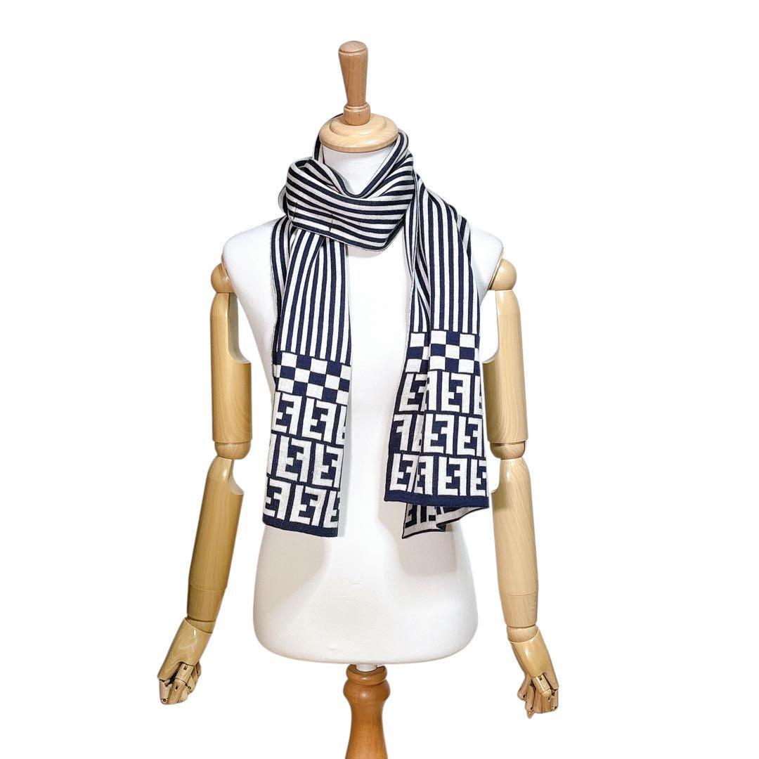 FENDIフェンディ ズッカ柄 ウール マフラー イタリア製 ネイビー 男女兼用