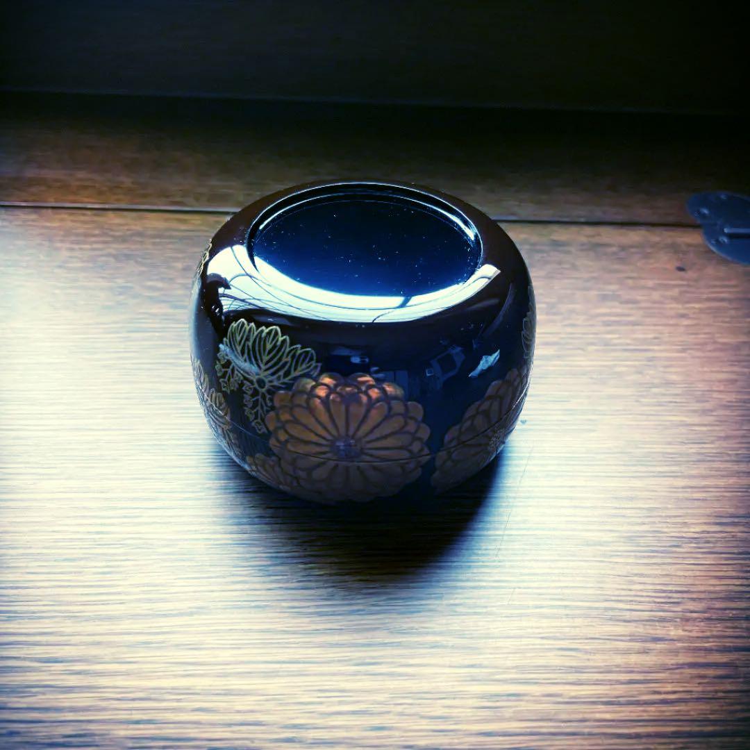 ☆美品『溜塗 菊桐蒔絵 平棗』信広作