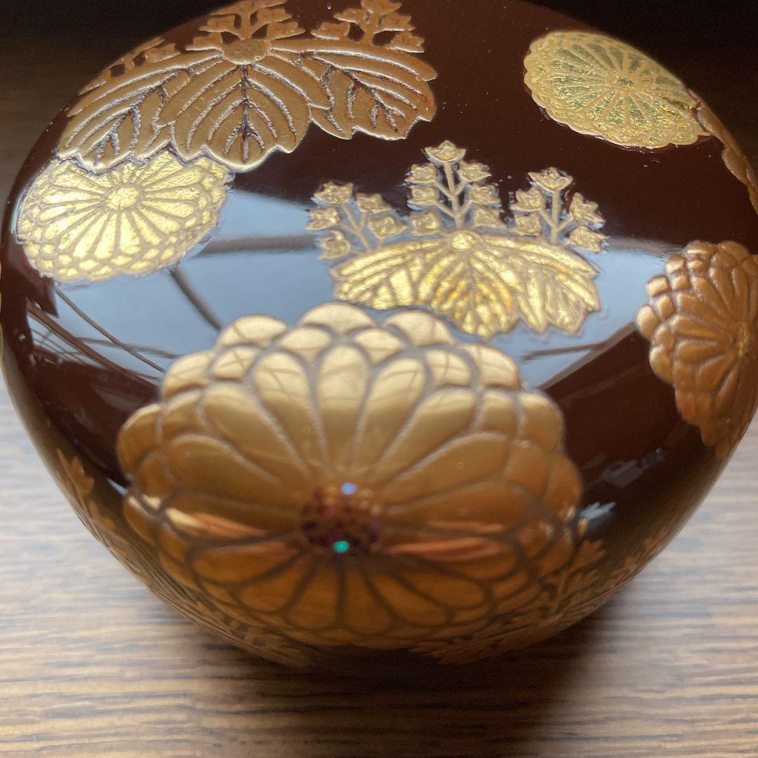 ☆美品『溜塗 菊桐蒔絵 平棗』信広作