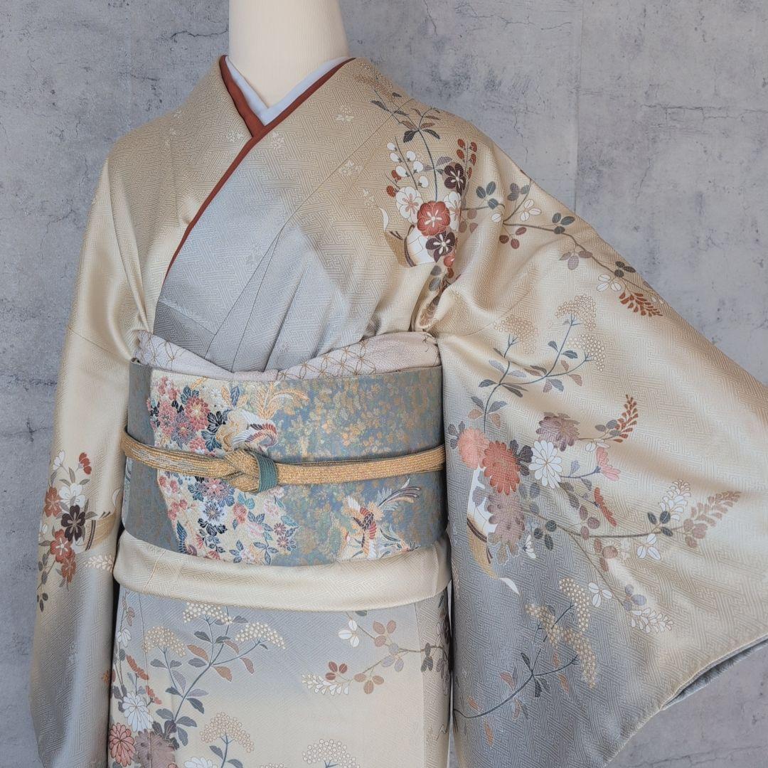 訪問着　フルセット　着物　正絹　淡い黄色　トールサイズ　比翼仕立　花金駒刺繍E2