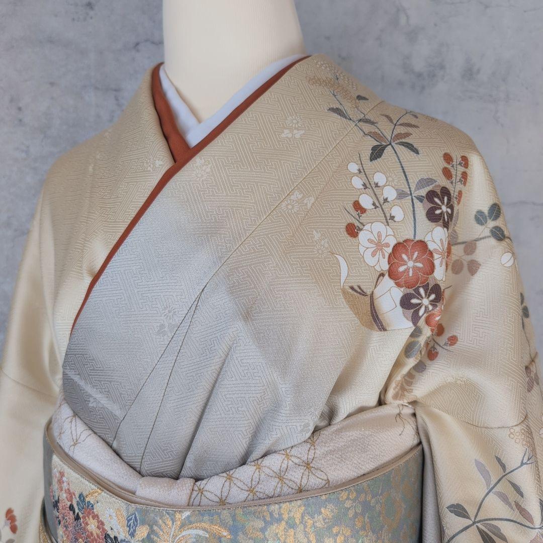 訪問着　フルセット　着物　正絹　淡い黄色　トールサイズ　比翼仕立　花金駒刺繍E2