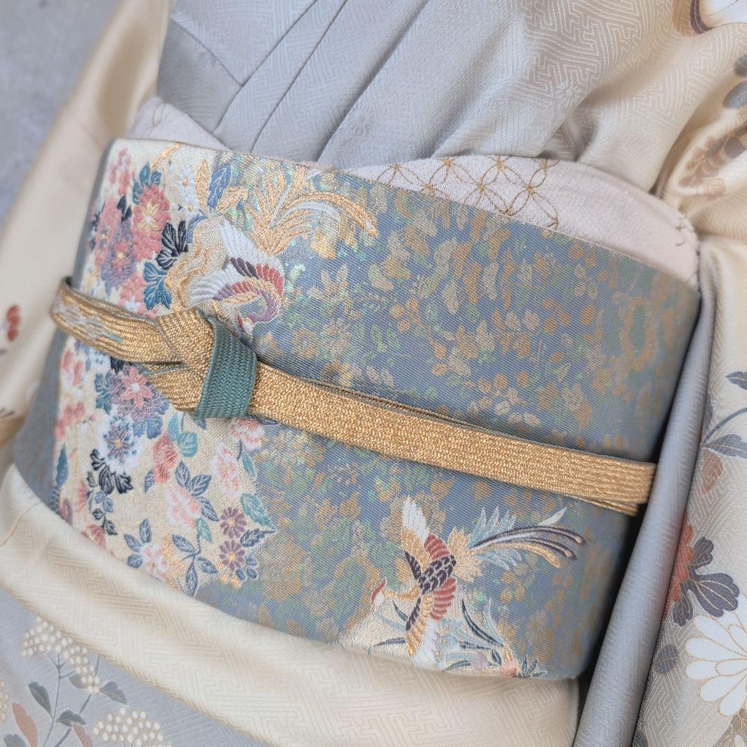 訪問着　フルセット　着物　正絹　淡い黄色　トールサイズ　比翼仕立　花金駒刺繍E2