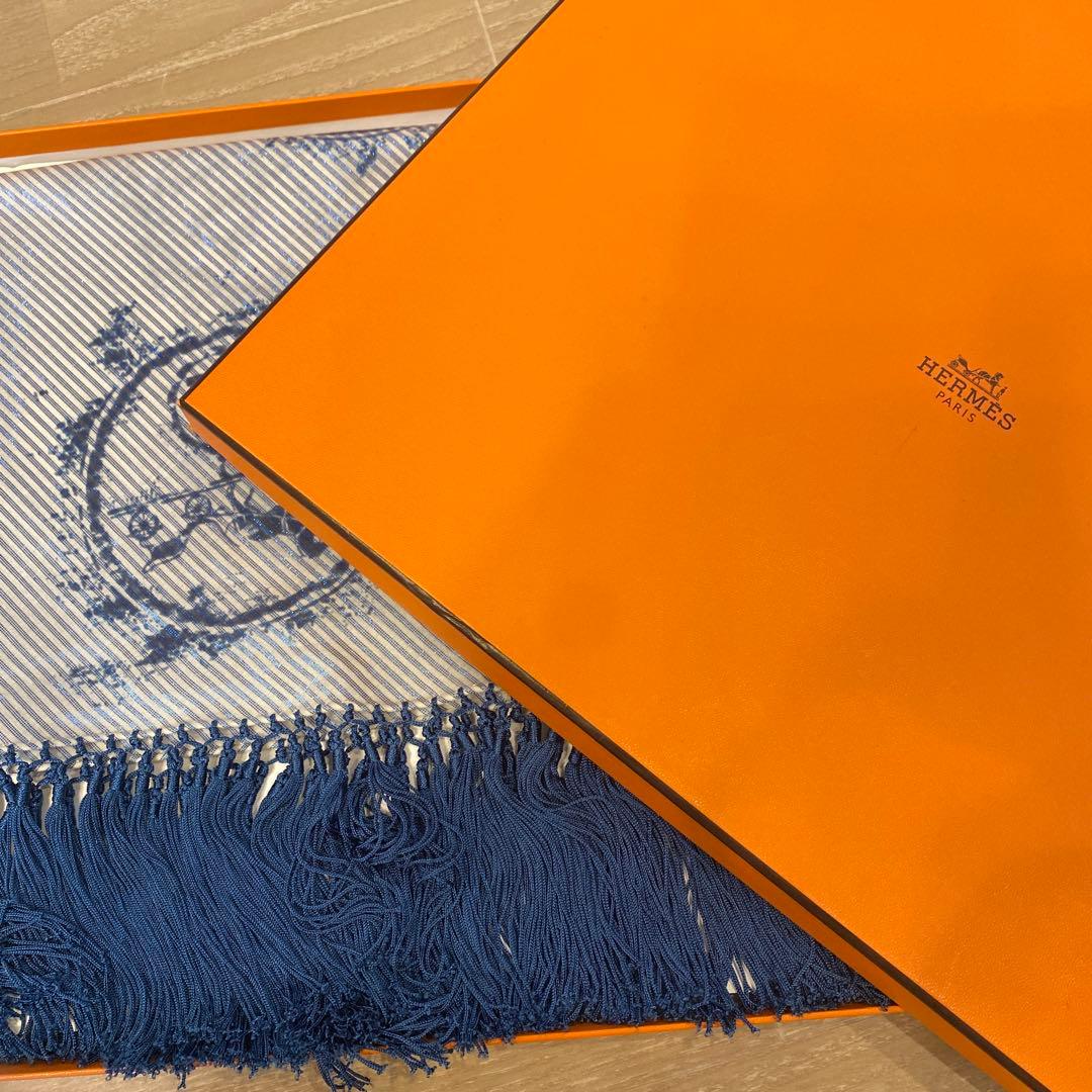 エルメス　HERMES　ショール　ストール　ブルー　フリンジ　 12