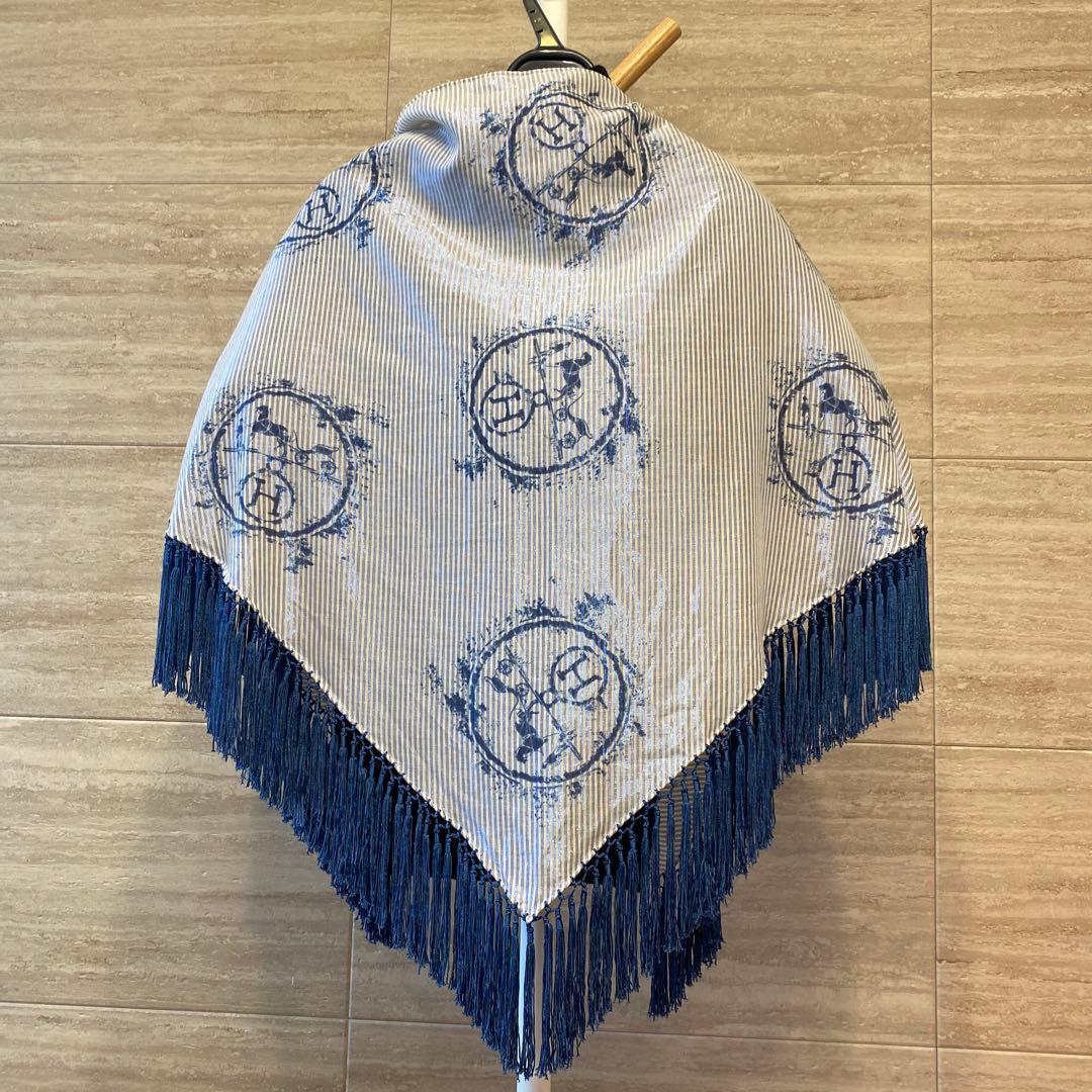 エルメス　HERMES　ショール　ストール　ブルー　フリンジ　 12