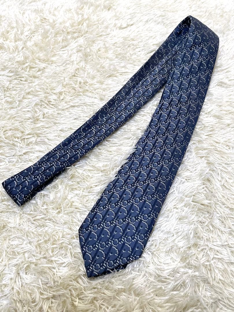 DIOR ディオール　ネクタイ　総柄　トロッター　オブリーク　ネイビー　シルク