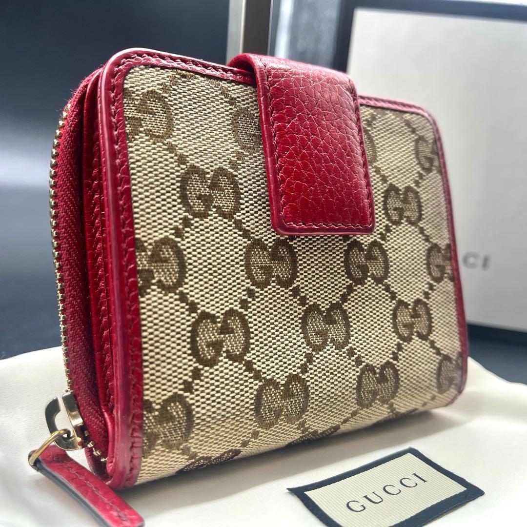 美品✨GUCCI グッチ 折り財布 GGキャンバス×レザー 赤 346056