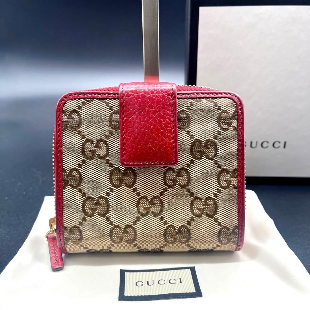 美品✨GUCCI グッチ 折り財布 GGキャンバス×レザー 赤 346056