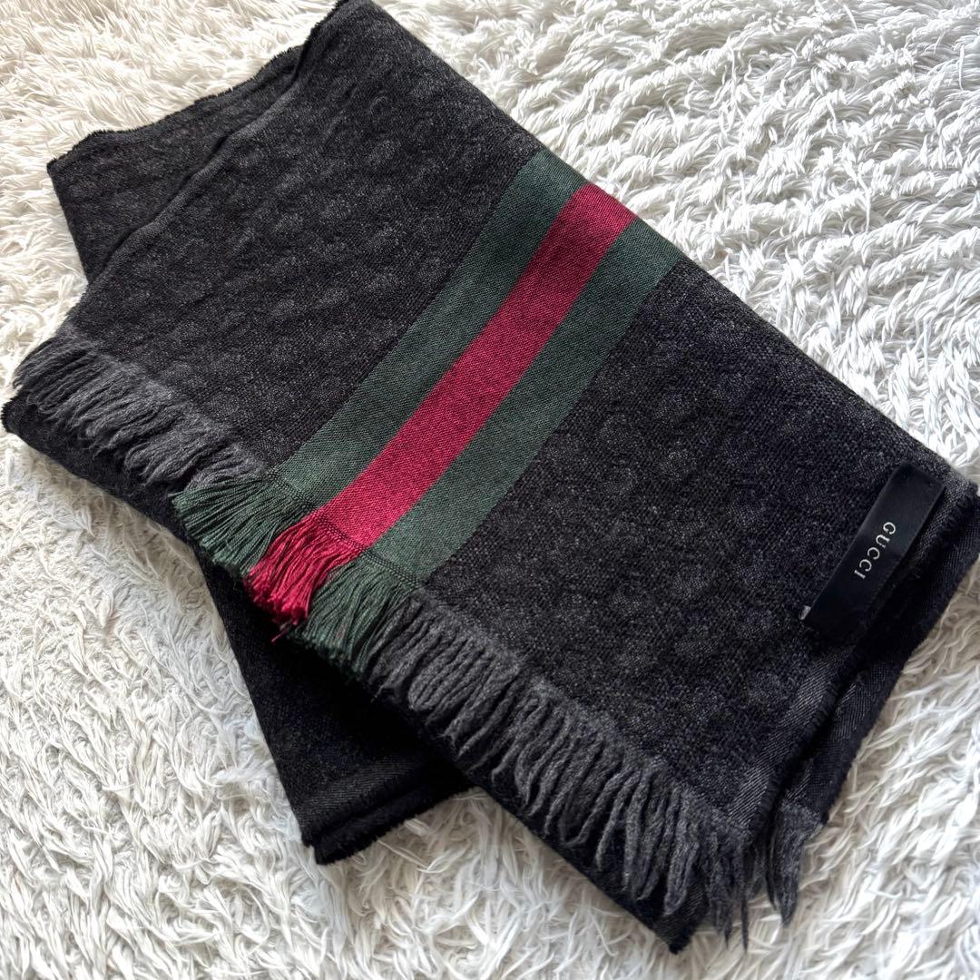 極美品　GUCCI グッチ　シェリーライン　マフラー　GG ウール　黒　ブラック