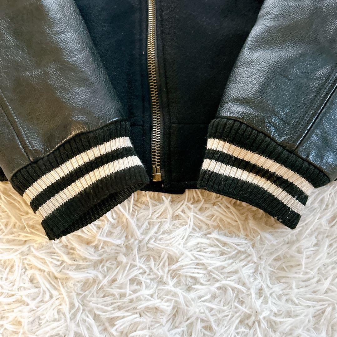 ビームス　スタジャン　スカル　袖レザー　キルティング　牛革　切り替え　ブラック