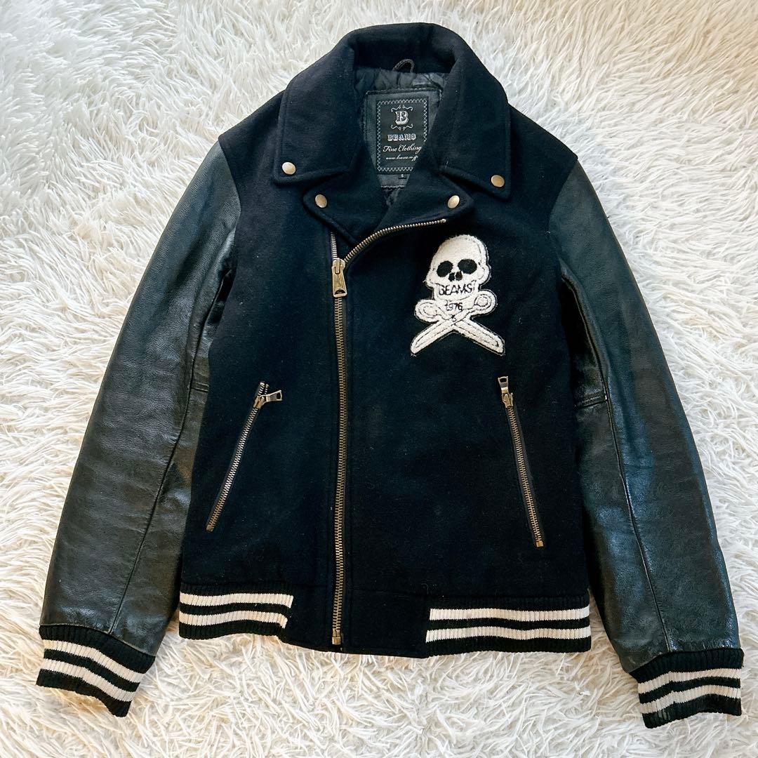 ビームス　スタジャン　スカル　袖レザー　キルティング　牛革　切り替え　ブラック