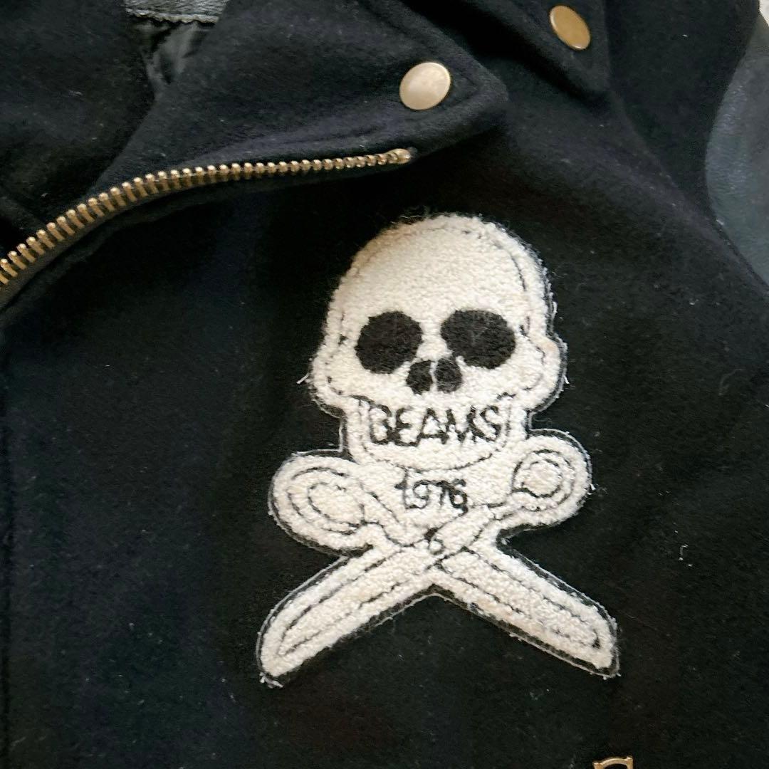 ビームス　スタジャン　スカル　袖レザー　キルティング　牛革　切り替え　ブラック