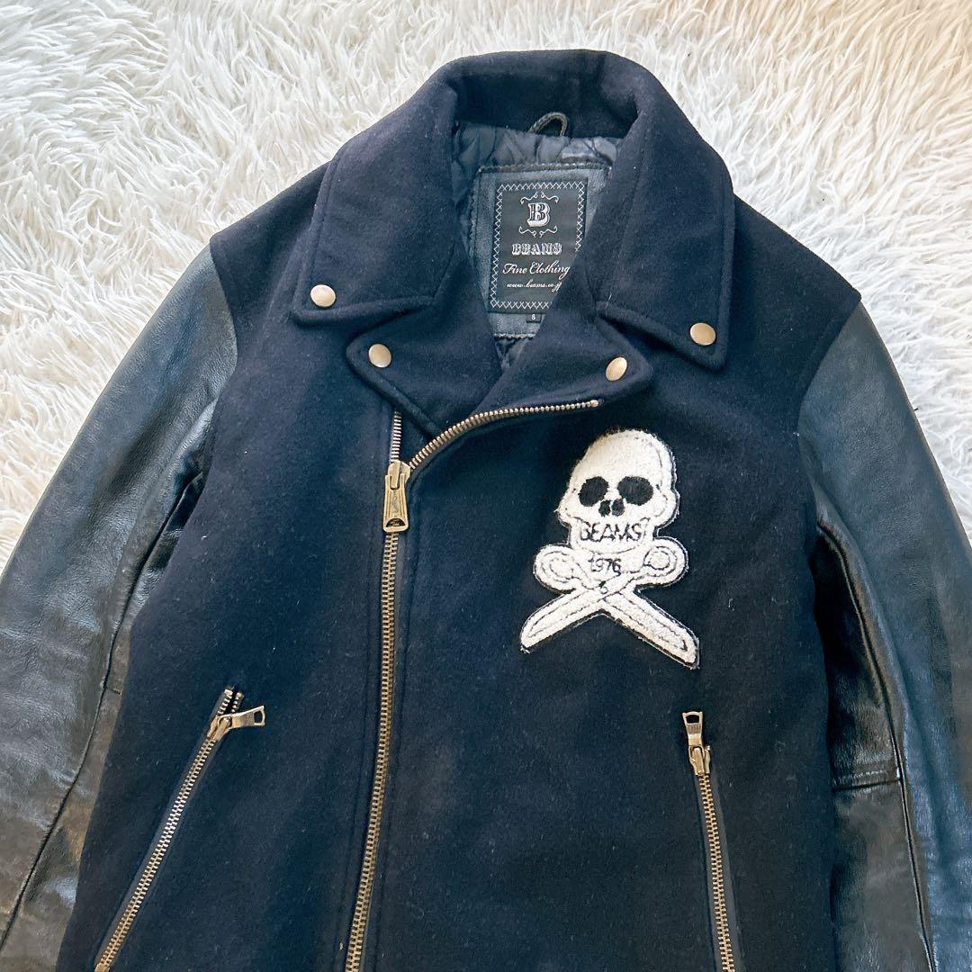 ビームス　スタジャン　スカル　袖レザー　キルティング　牛革　切り替え　ブラック