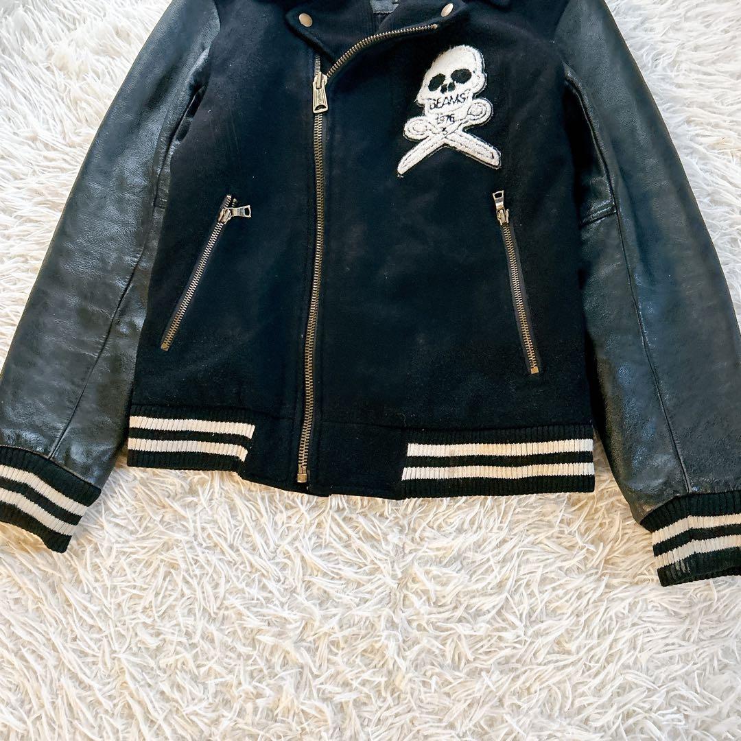 ビームス　スタジャン　スカル　袖レザー　キルティング　牛革　切り替え　ブラック