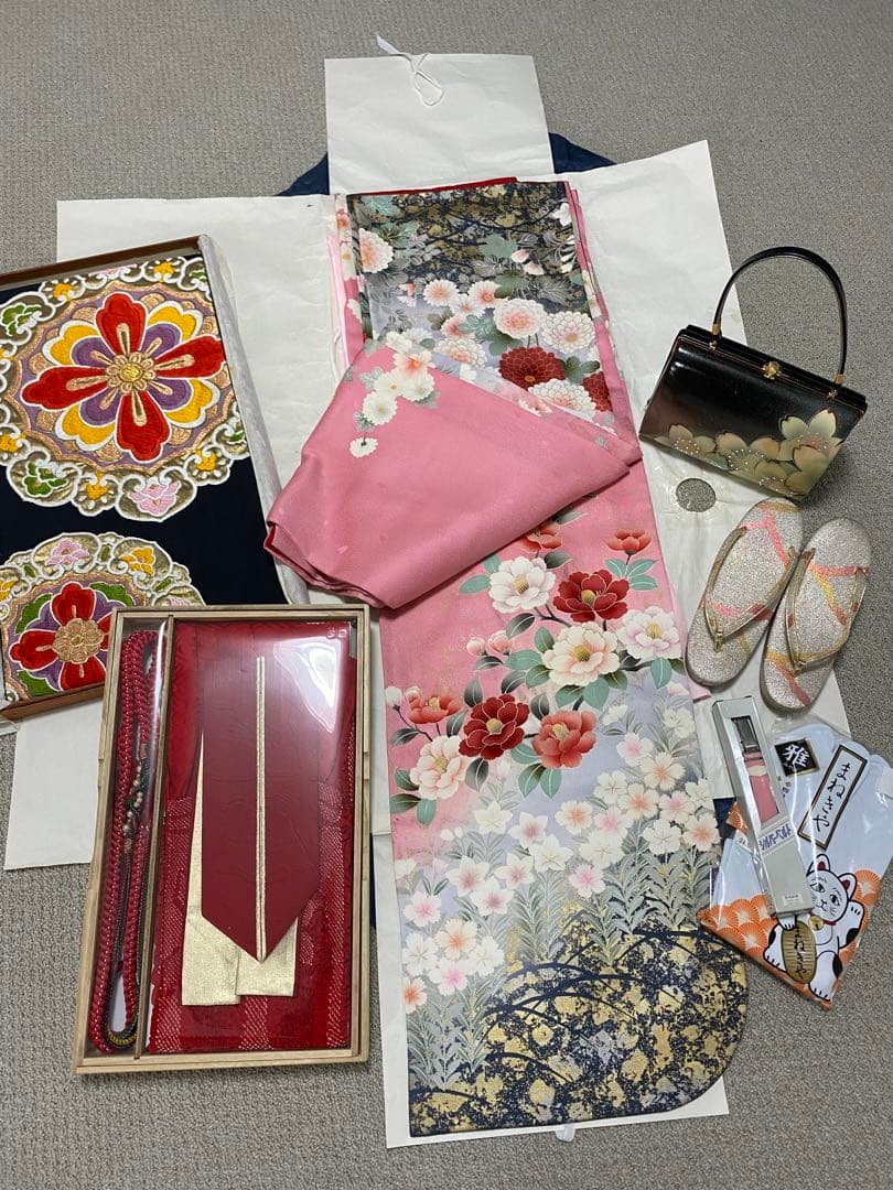 振袖フルセット　正絹　長襦袢　帯締　バック　草履　帯　成人式フルセット