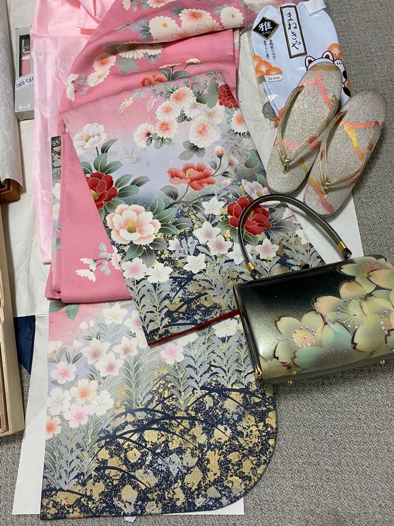 振袖フルセット　正絹　長襦袢　帯締　バック　草履　帯　成人式フルセット
