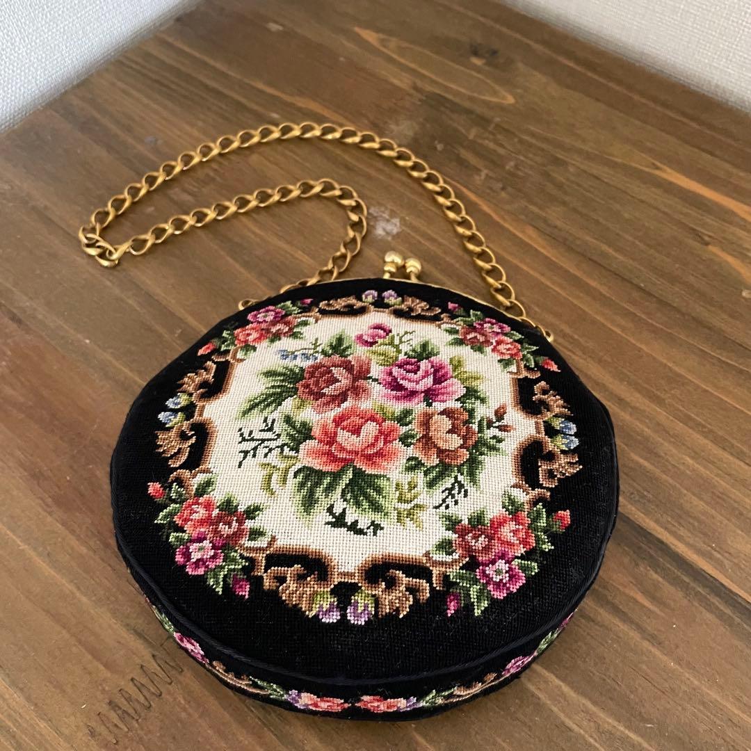 プチポワン　ラウンド型　バッグ　お花 アンティーク　良品　希少