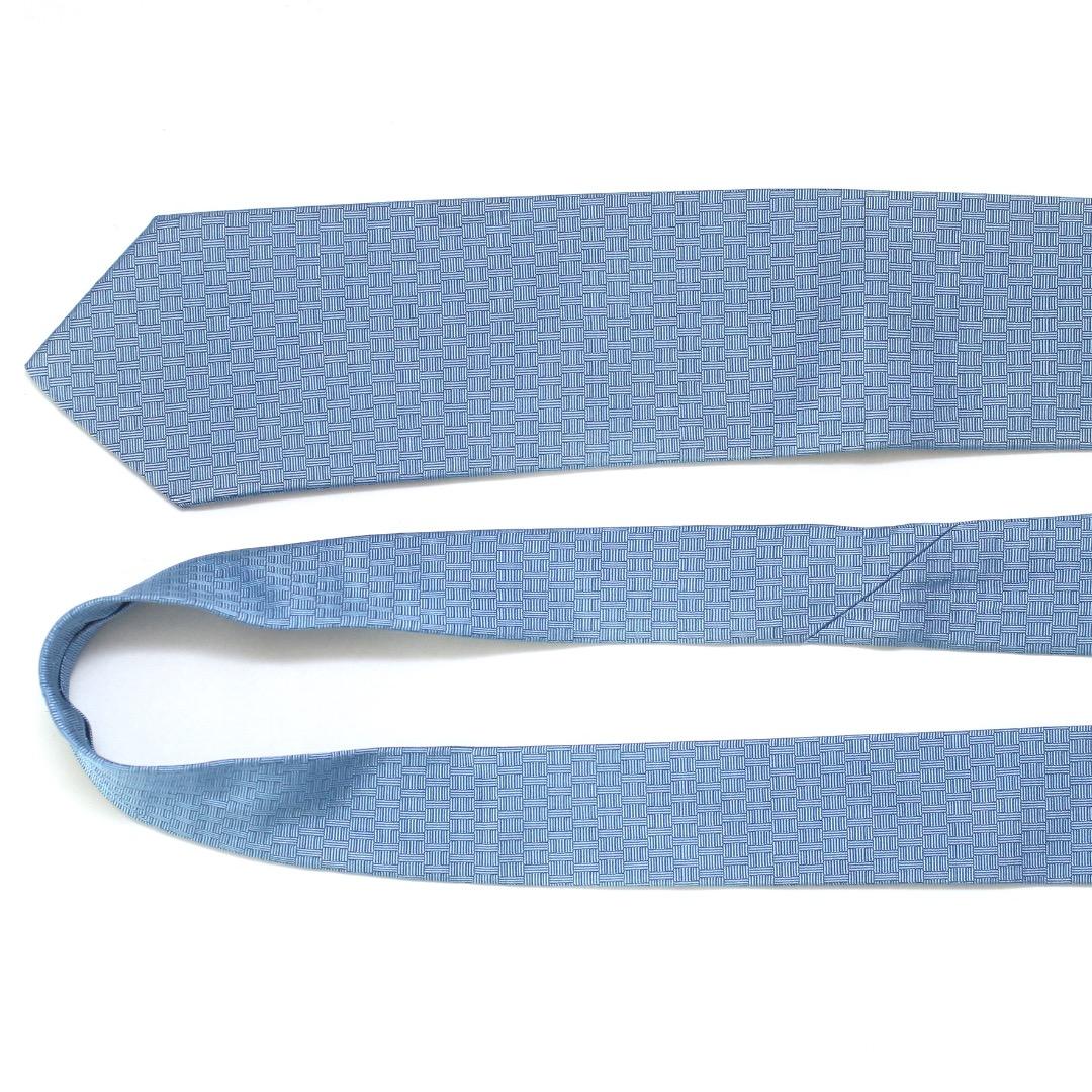 エルメス ヴィンテージ 太陽ロゴ 幾何学模様 ブルー シルク100% ネクタイ