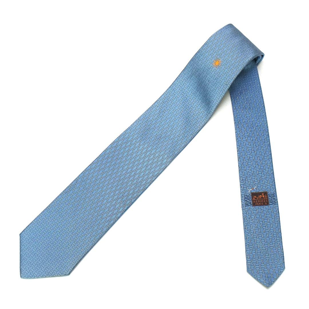 エルメス ヴィンテージ 太陽ロゴ 幾何学模様 ブルー シルク100% ネクタイ