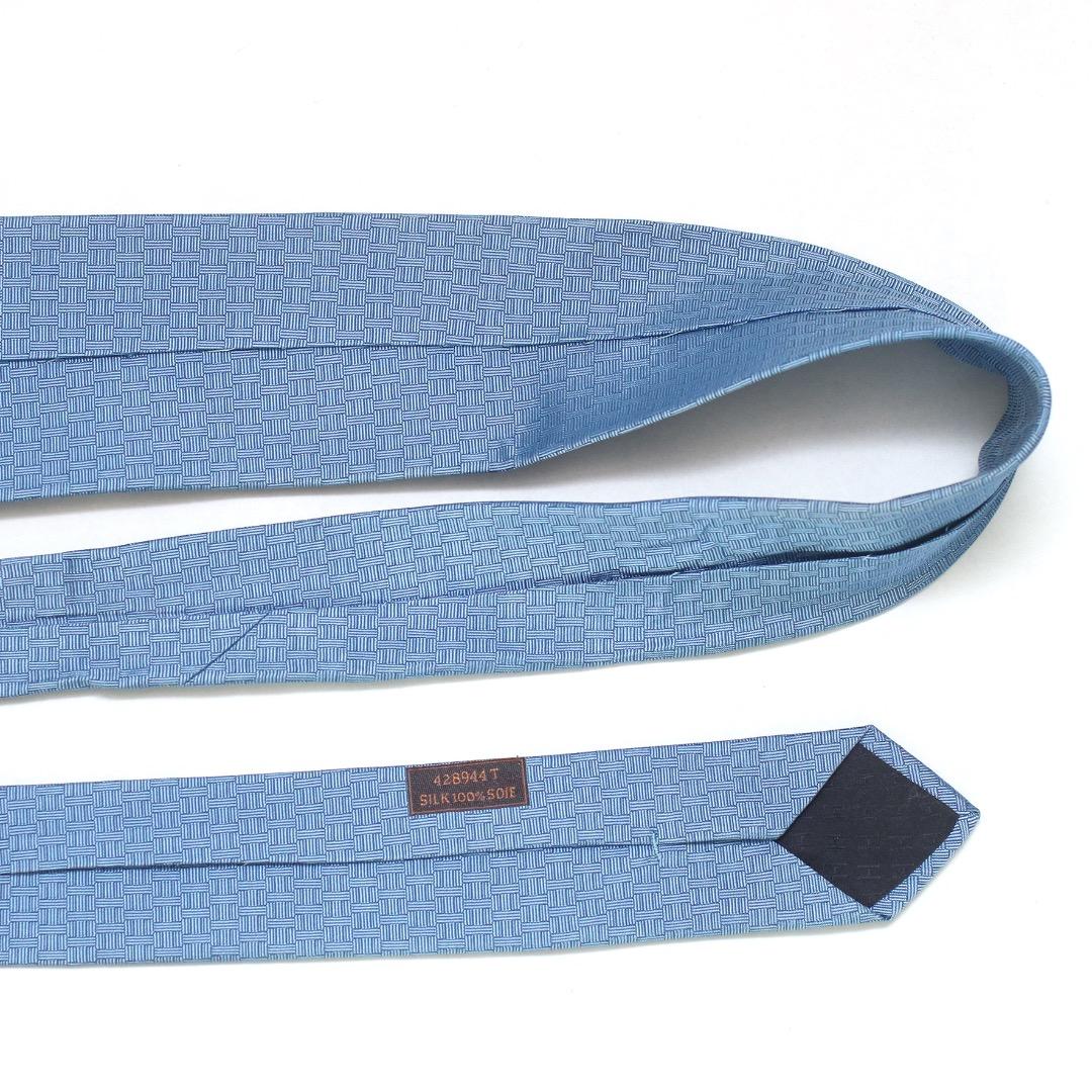 エルメス ヴィンテージ 太陽ロゴ 幾何学模様 ブルー シルク100% ネクタイ