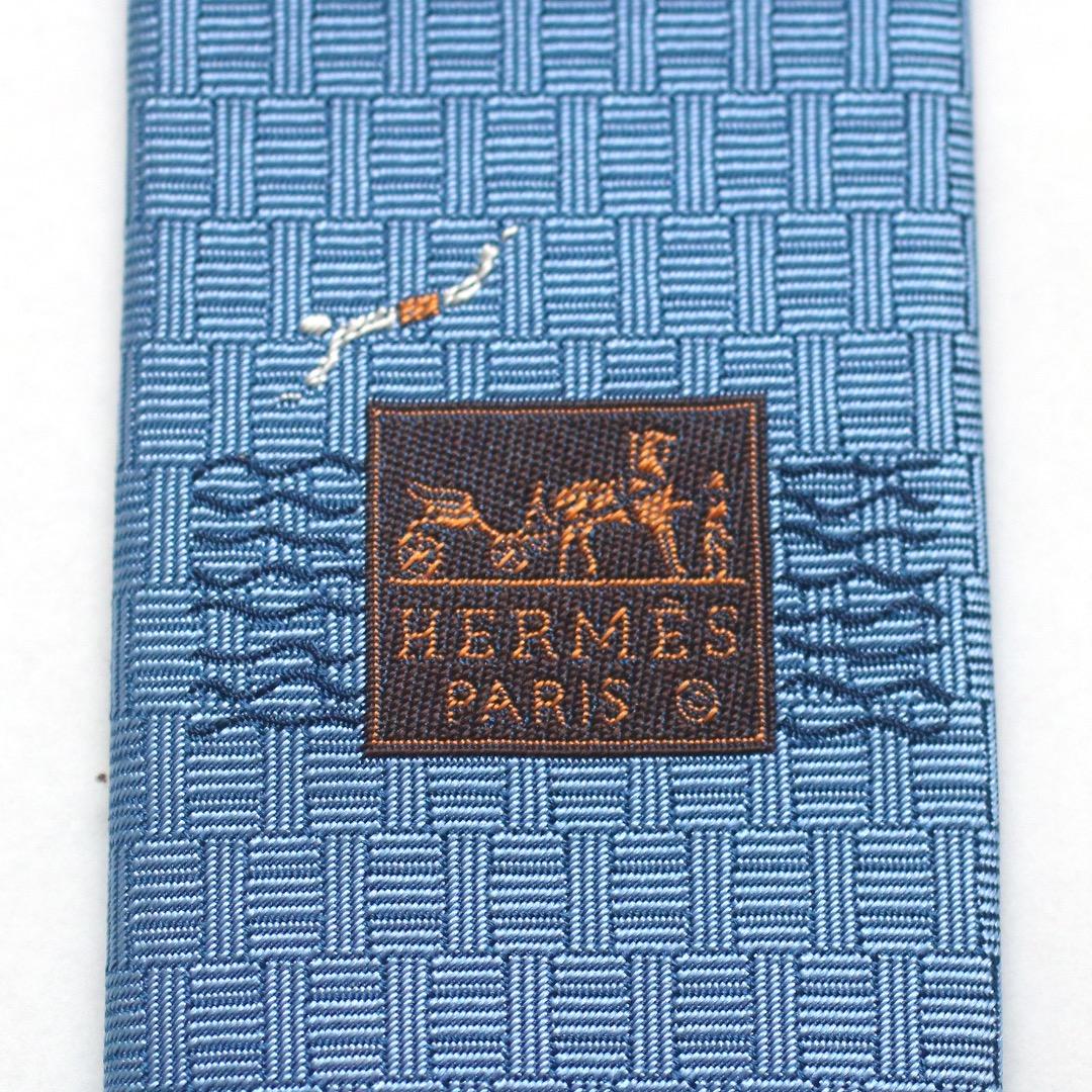 エルメス ヴィンテージ 太陽ロゴ 幾何学模様 ブルー シルク100% ネクタイ