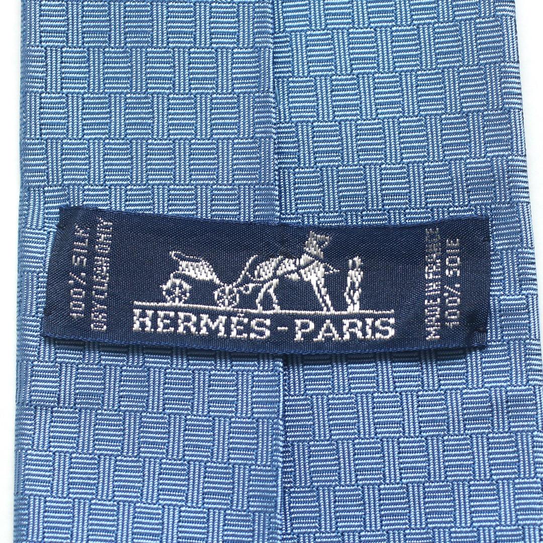 エルメス ヴィンテージ 太陽ロゴ 幾何学模様 ブルー シルク100% ネクタイ