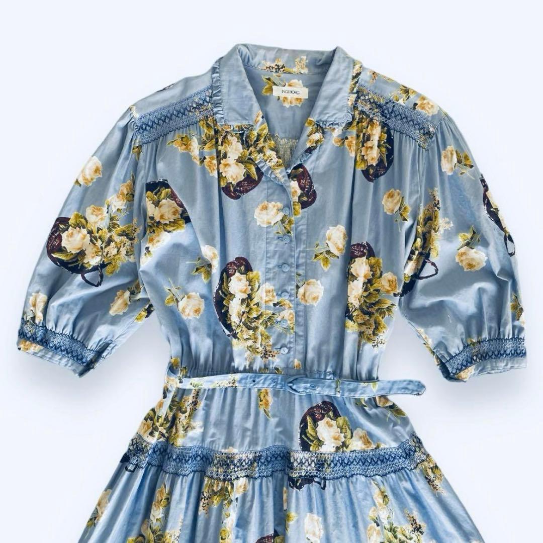 INGEBORG インゲボルグ 花柄ロングワンピース　水色　薔薇　バラ　ローズ