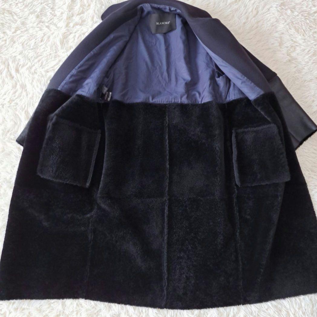 イタリア製 ブランカꕤ羊革 レザー ボア ドッキング ベルト付 ロングコート 黒