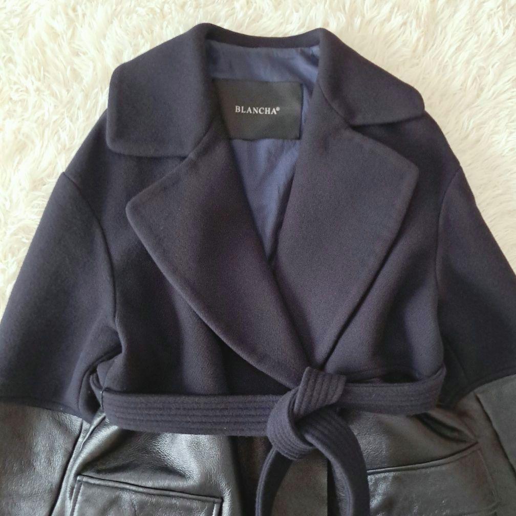 イタリア製 ブランカꕤ羊革 レザー ボア ドッキング ベルト付 ロングコート 黒