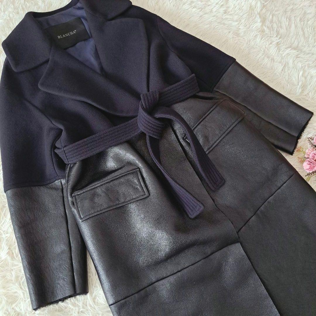 イタリア製 ブランカꕤ羊革 レザー ボア ドッキング ベルト付 ロングコート 黒