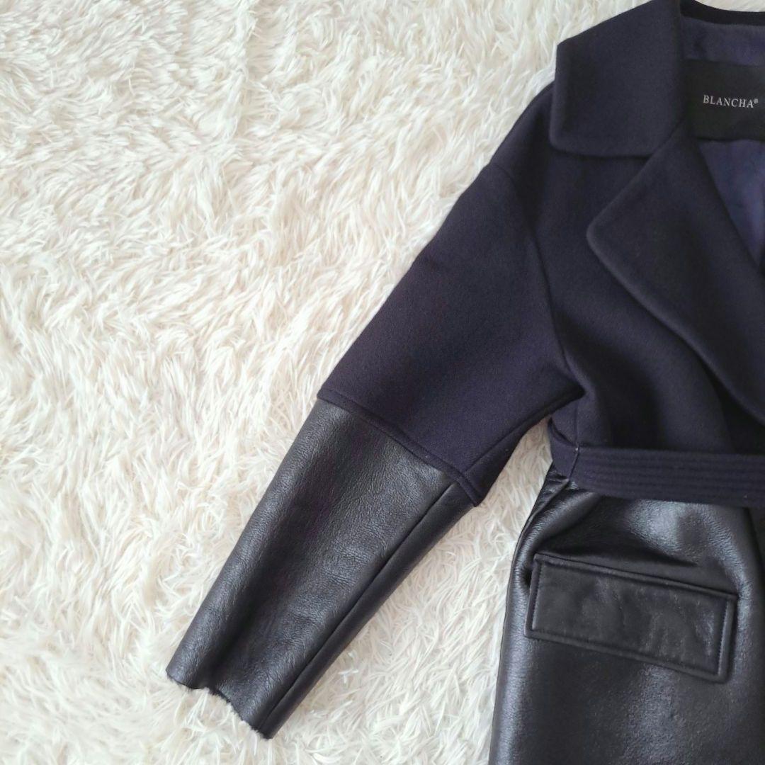 イタリア製 ブランカꕤ羊革 レザー ボア ドッキング ベルト付 ロングコート 黒