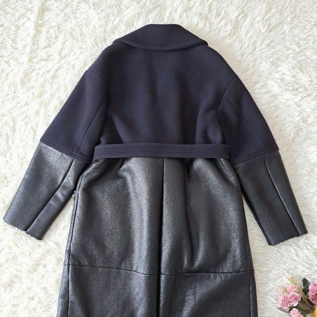 イタリア製 ブランカꕤ羊革 レザー ボア ドッキング ベルト付 ロングコート 黒