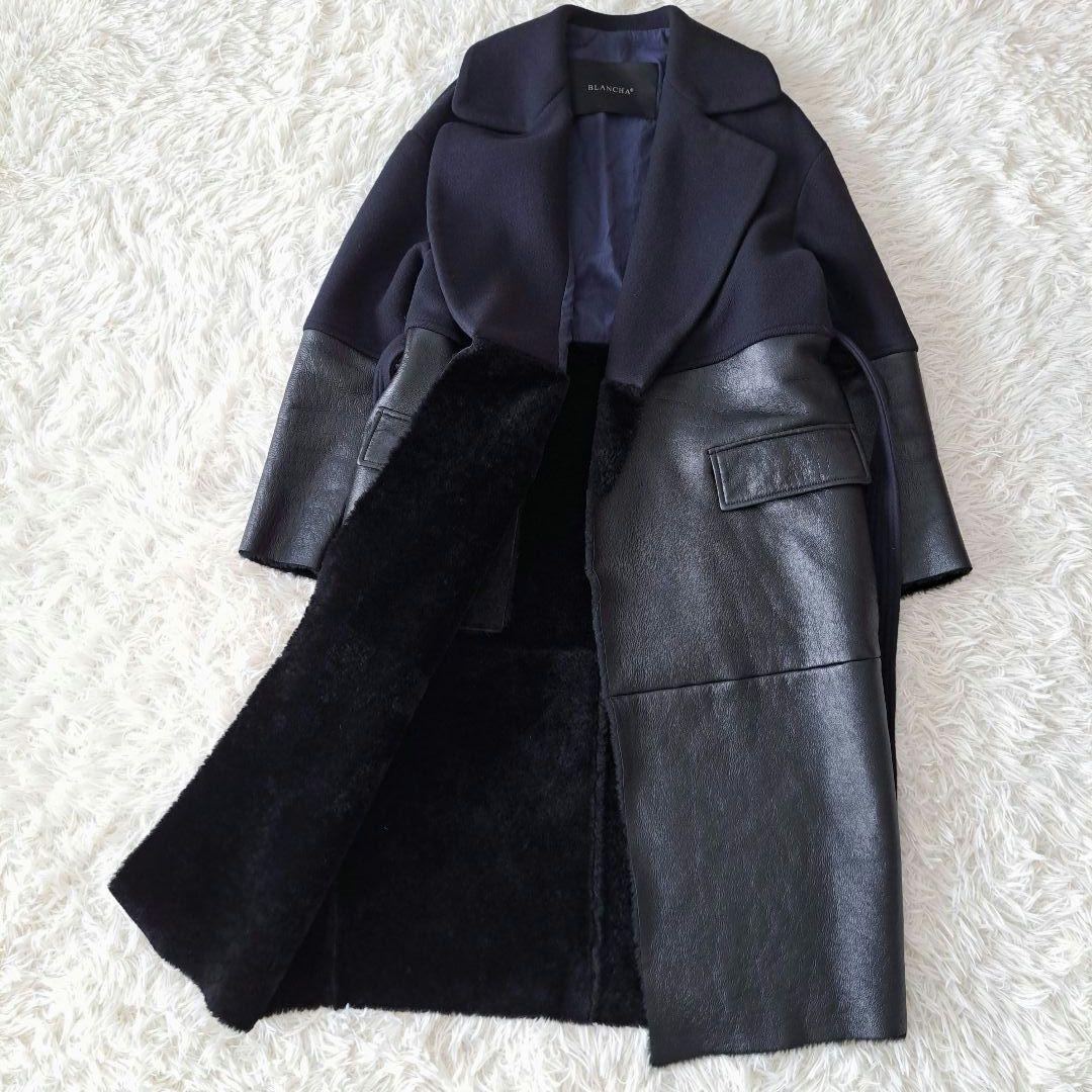 イタリア製 ブランカꕤ羊革 レザー ボア ドッキング ベルト付 ロングコート 黒