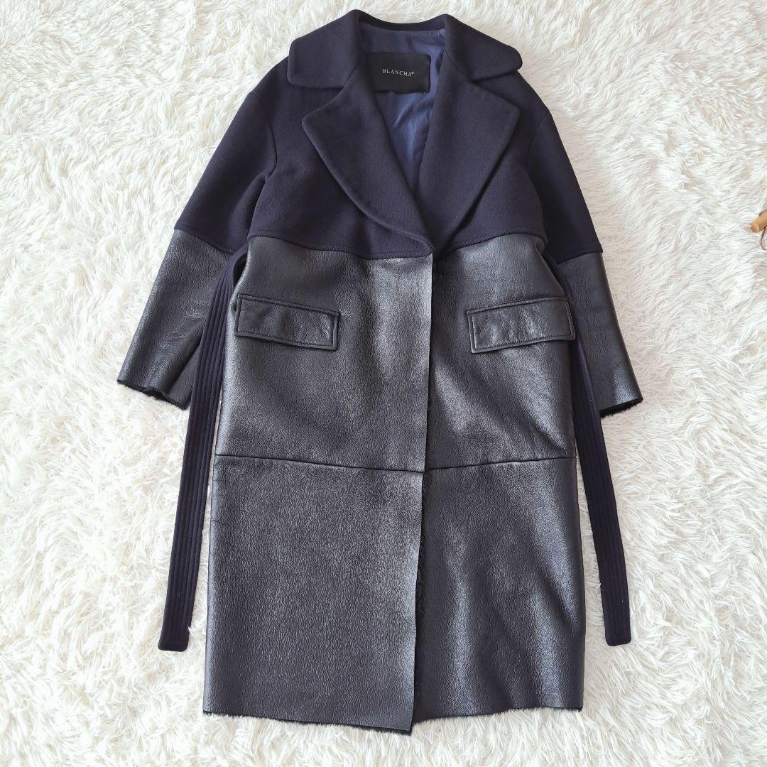 イタリア製 ブランカꕤ羊革 レザー ボア ドッキング ベルト付 ロングコート 黒