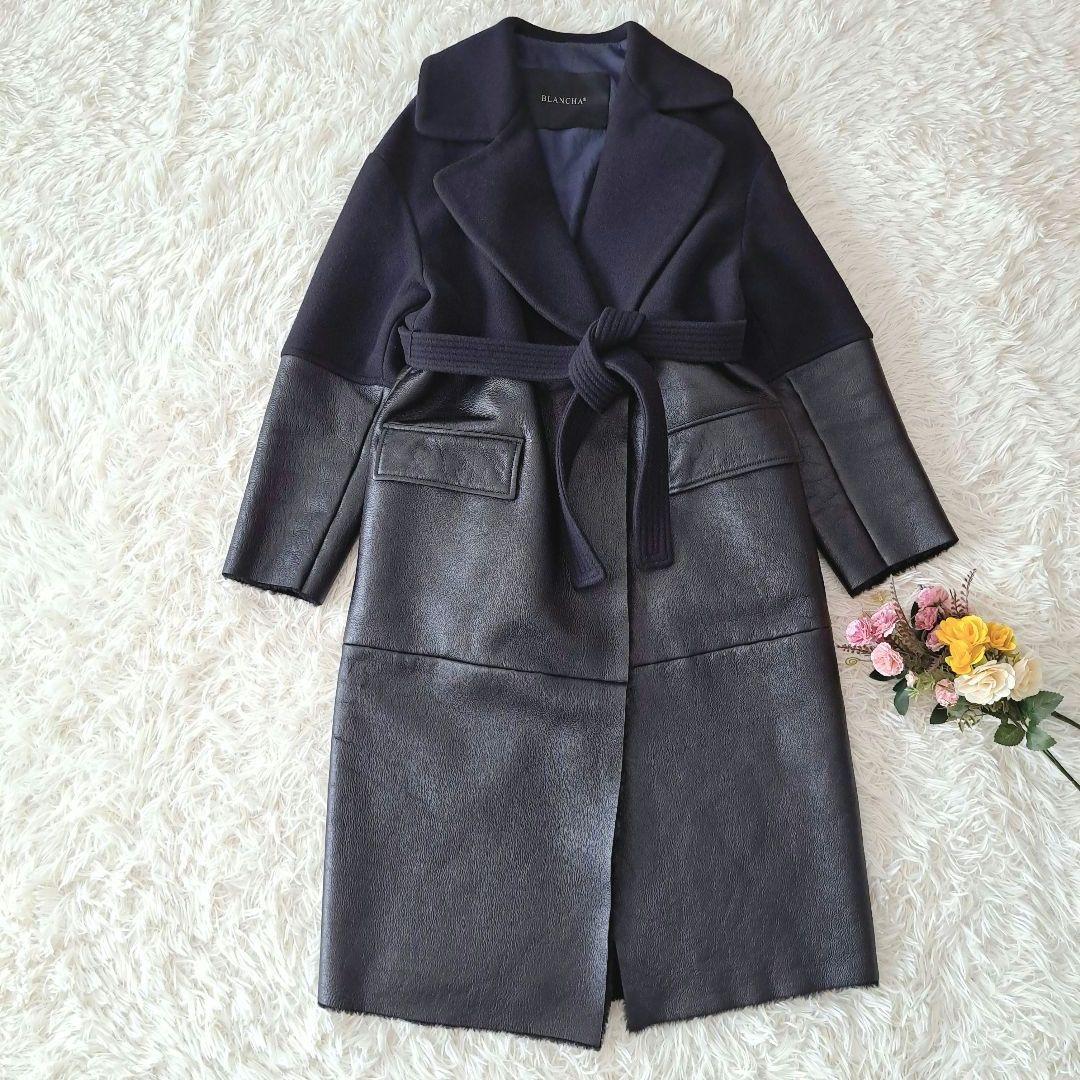 イタリア製 ブランカꕤ羊革 レザー ボア ドッキング ベルト付 ロングコート 黒