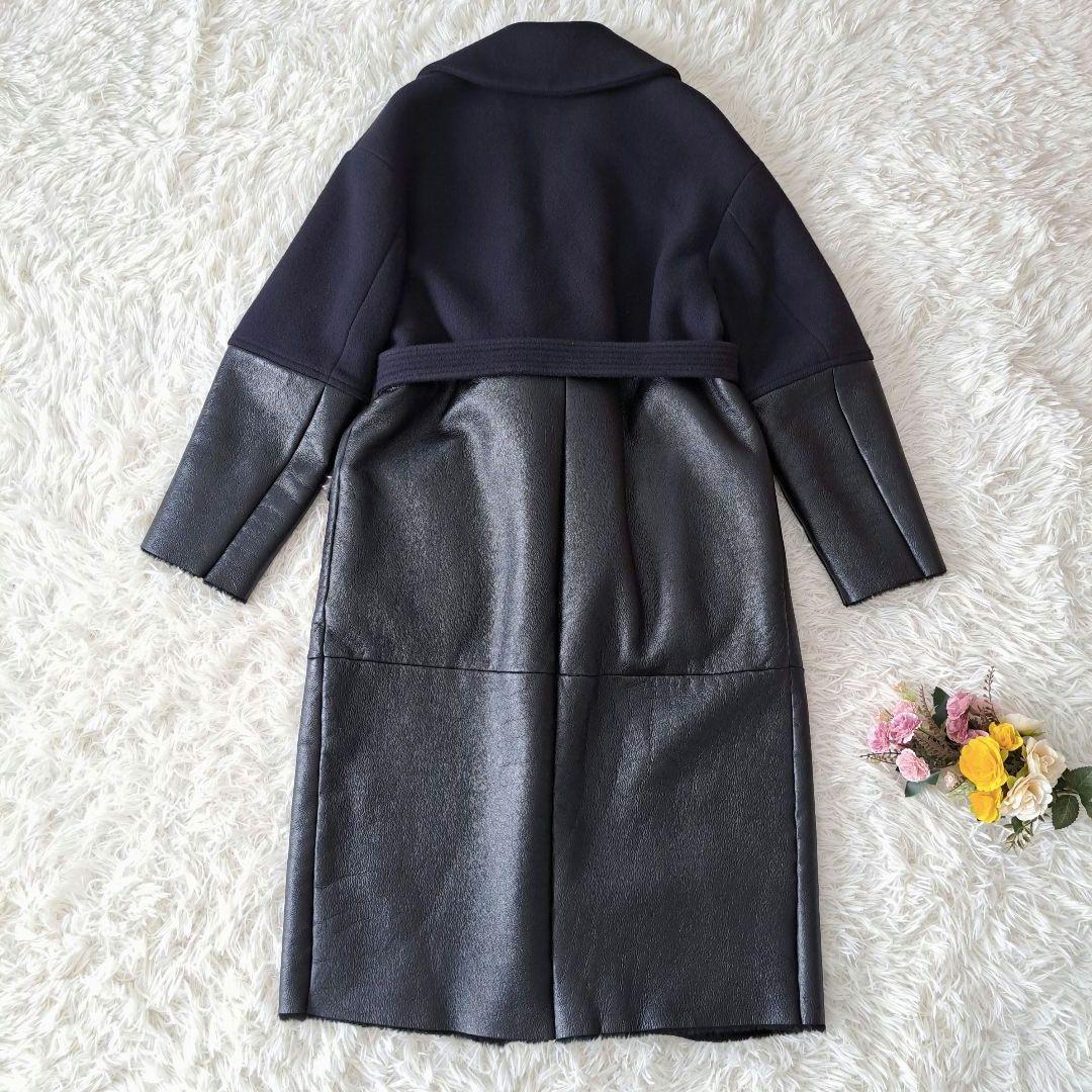 イタリア製 ブランカꕤ羊革 レザー ボア ドッキング ベルト付 ロングコート 黒