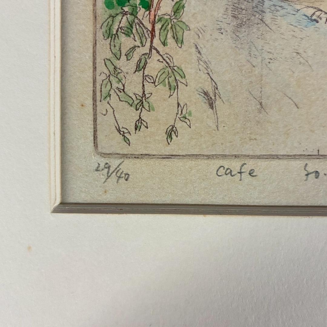 山本容子「Cafe」エッチング+手彩色 1990年 直筆サイン入 額縁入 限定品
