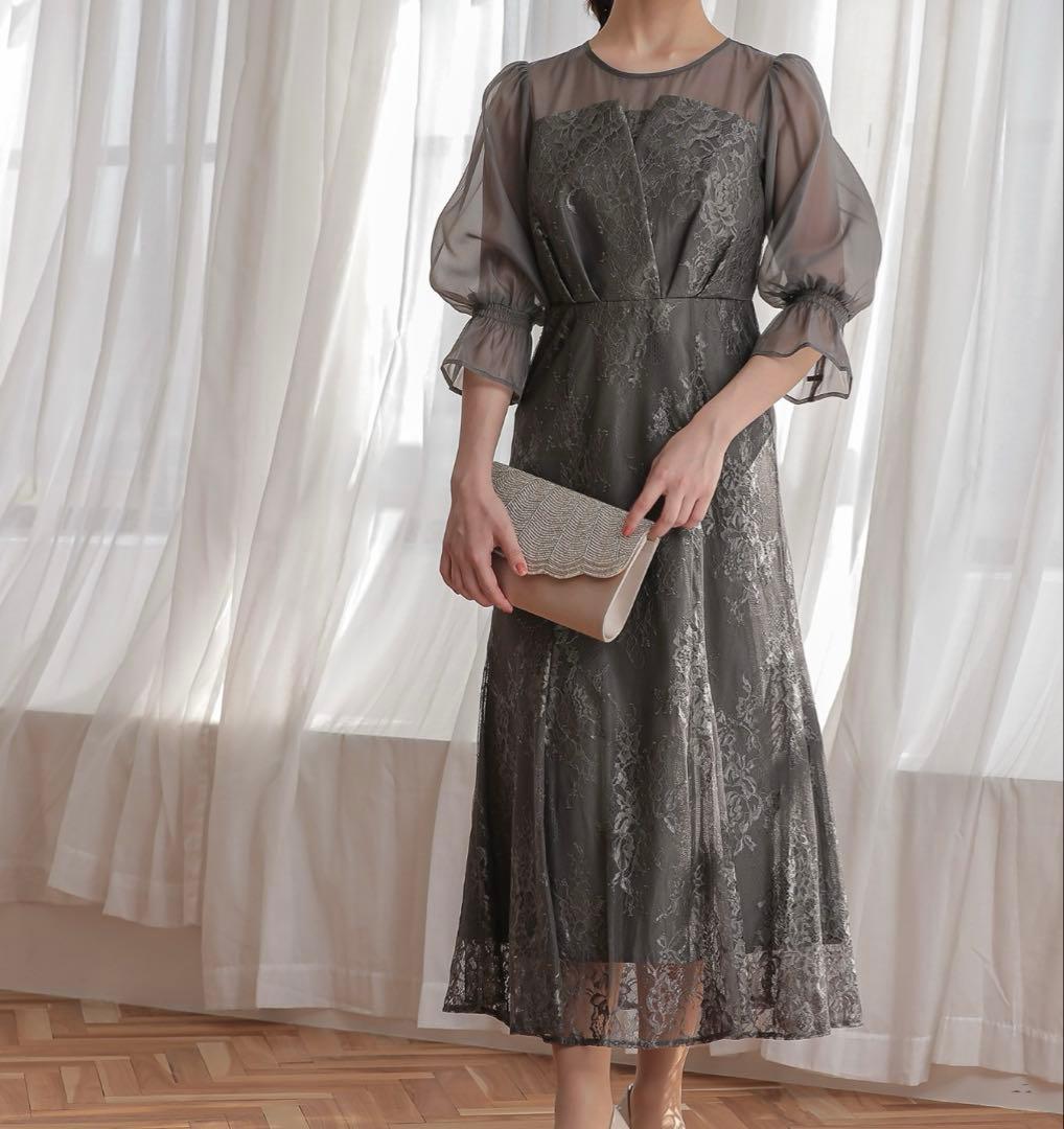 Lサイズ チャコール レース パーティードレス