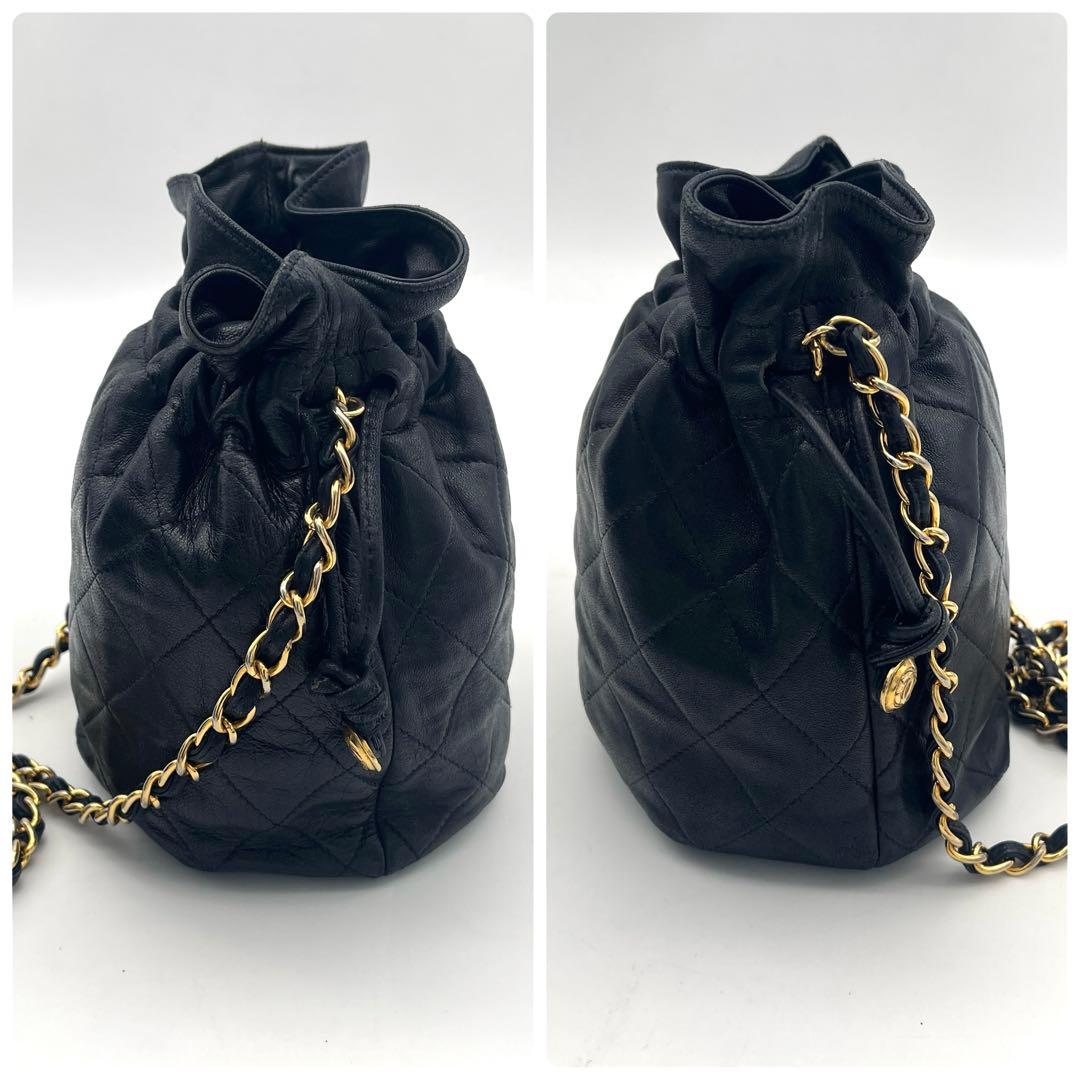 美品　シャネル　マトラッセ　ラムスキン　チェーンショルダー　巾着　ブラック