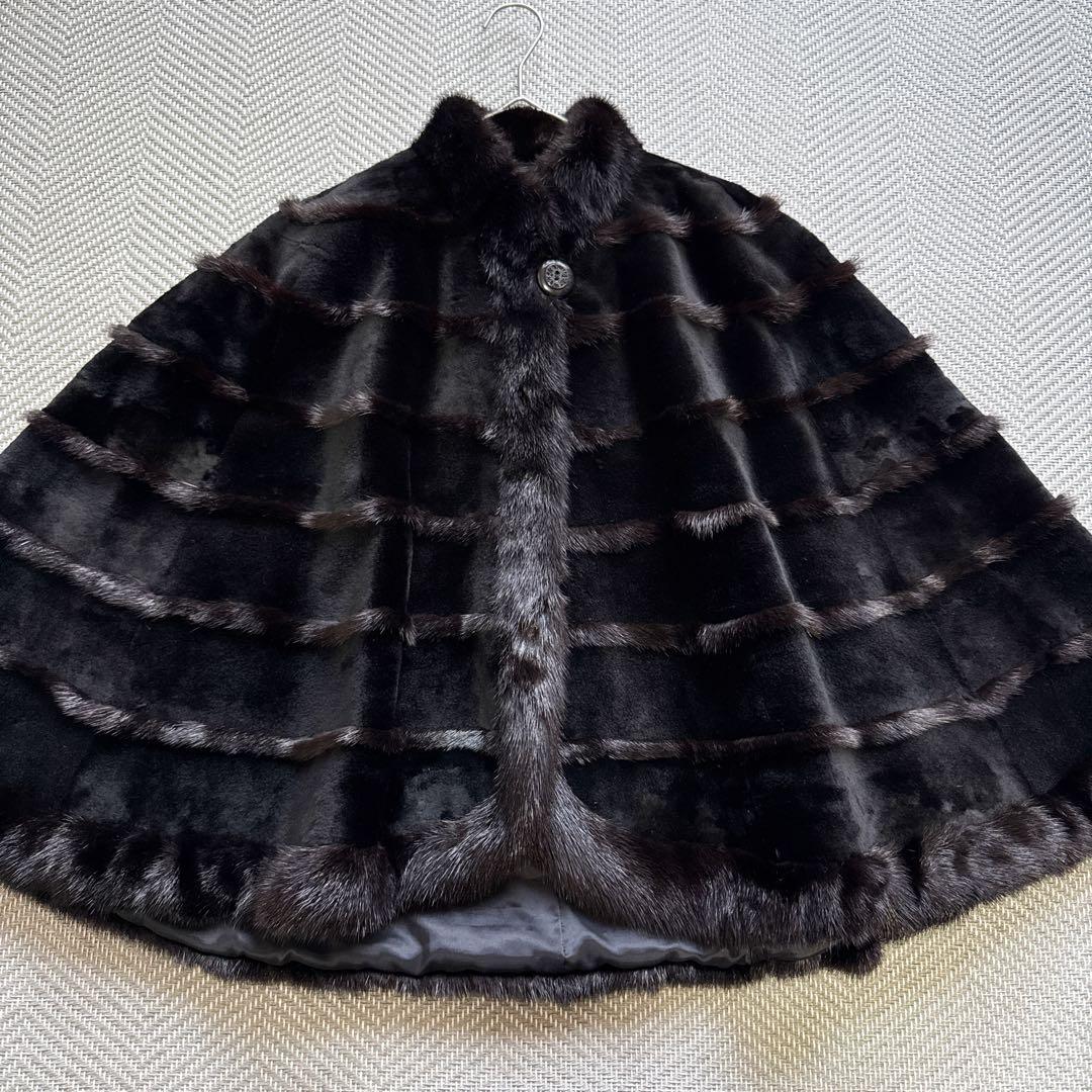 極美品 リアルミンクファー ポンチョ ブラックミンク ケープ 本毛皮 羽織り