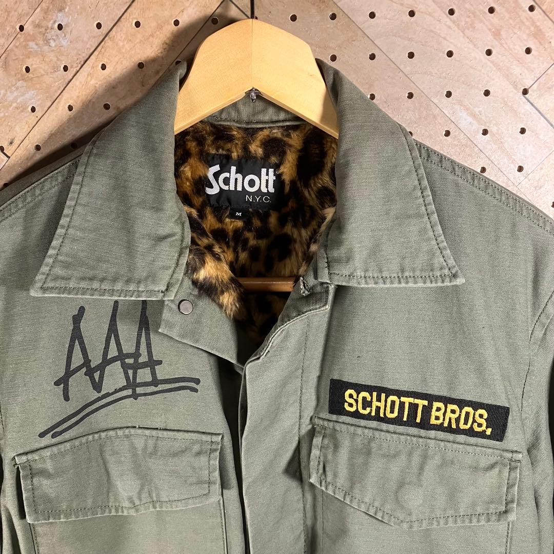 Schott ヒョウ柄 裏地ミリタリージャケット M 刺繍あり