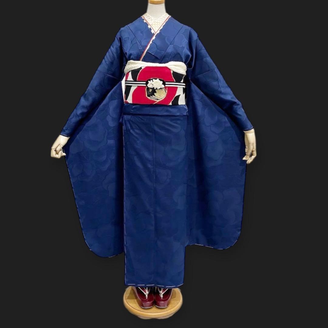 新品 洗える振袖 和風館 【無地 椿 ネイビー】丹後ちりめん★卒業式の袴にも♪