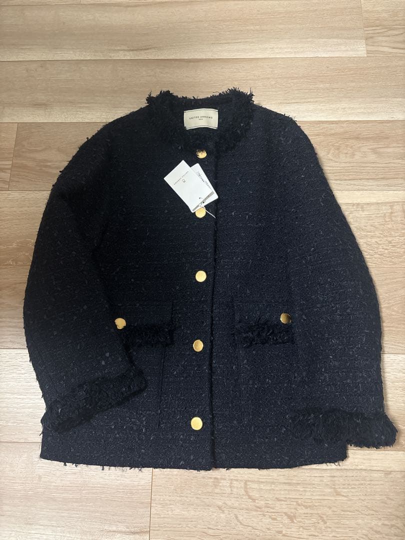 united arrows ファンシーツイードノーカラージャケット　ネイビー