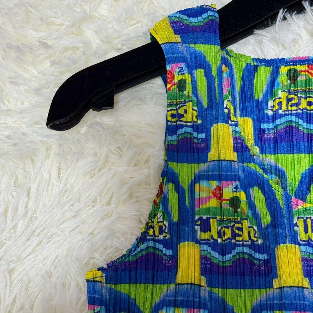 希少 プリーツプリーズ 洗剤柄 WASH ノースリーブ トップス 総柄 L相当