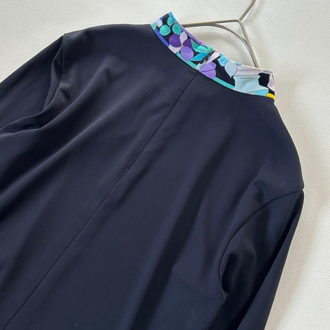 レオナール 長袖チュニック 花柄トリム ラインストーン ネイビー