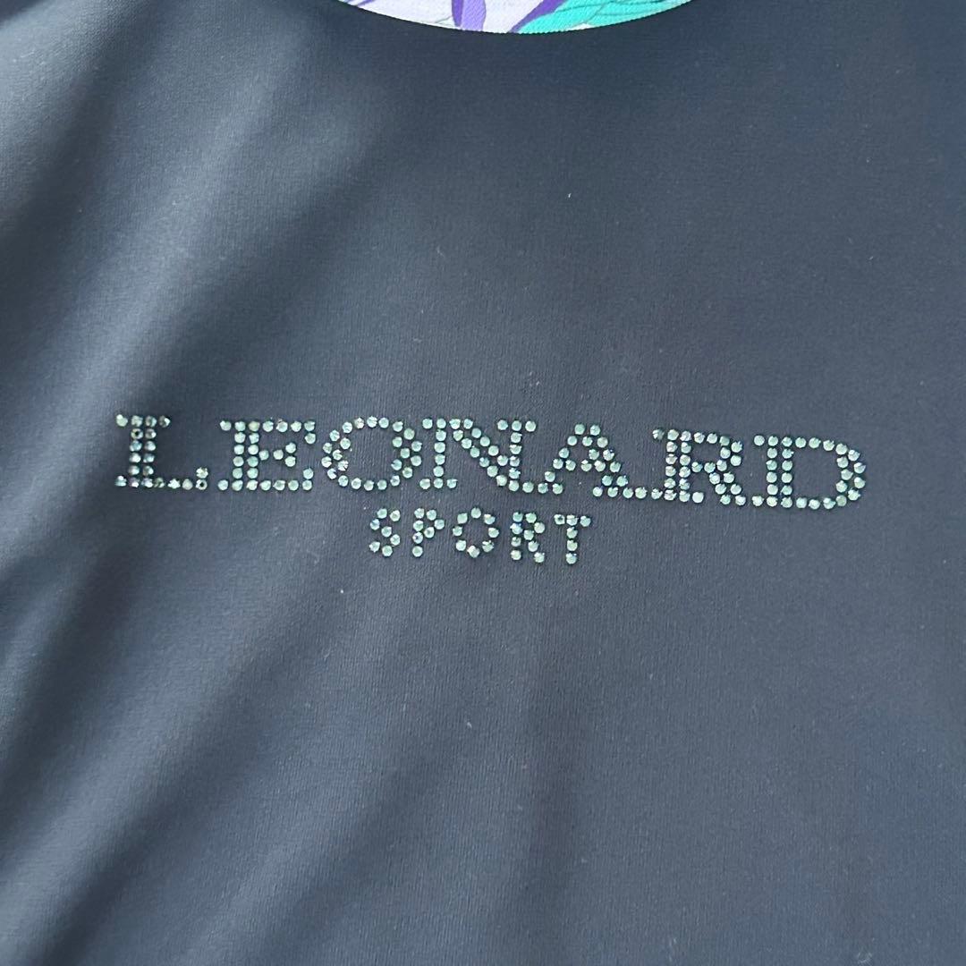 レオナール 長袖チュニック 花柄トリム ラインストーン ネイビー